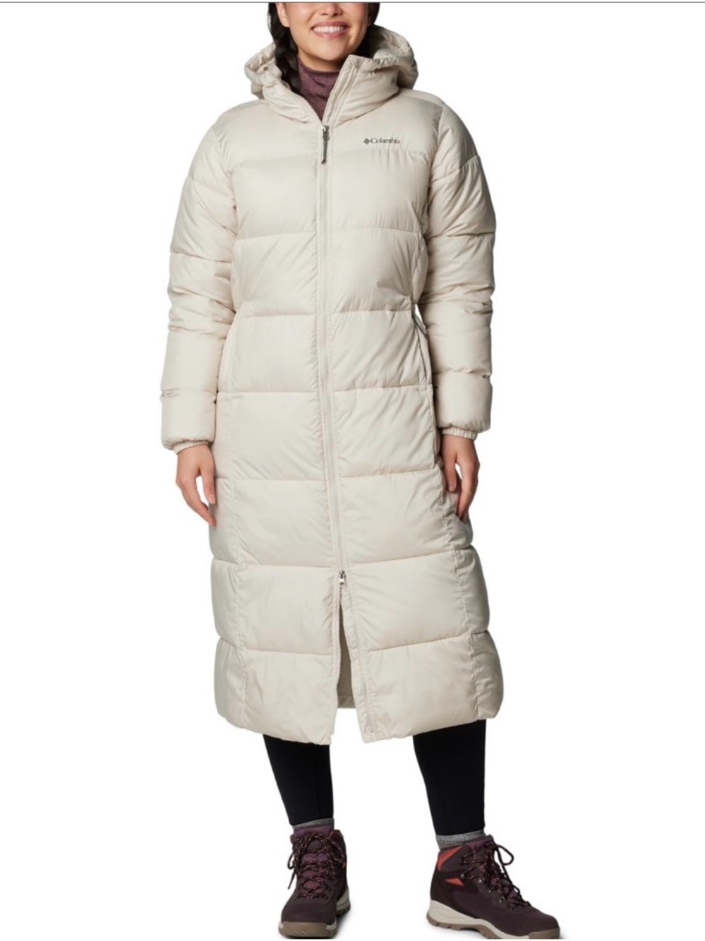 Columbia Cream Long Puffer Coat with Hood